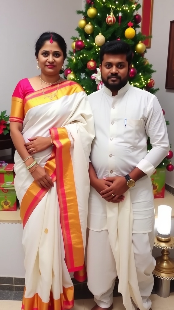 Traditional Kerala Christmas dress with a woman in kasavu saree and a man in mundu, set against a festive backdrop.